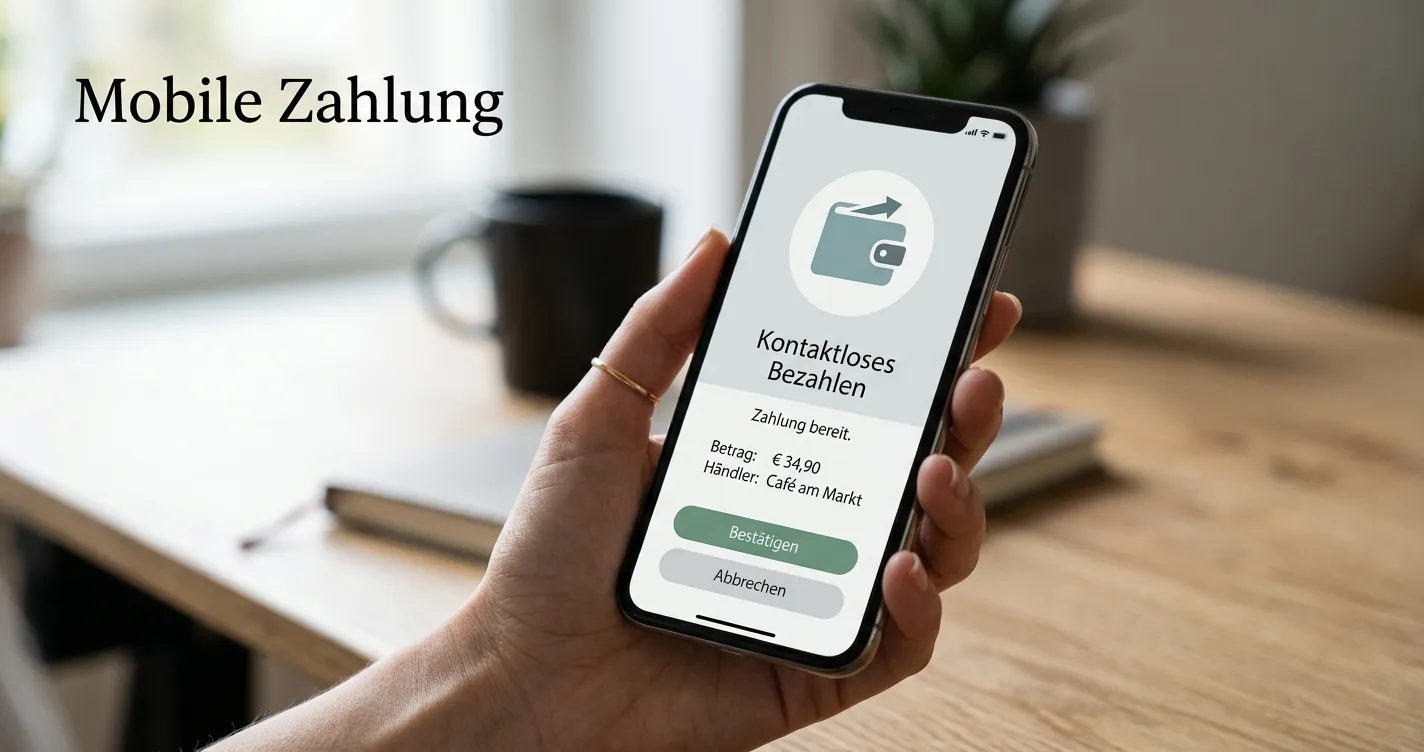 Smartphone mit geöffneter Bezahlseite und Symbol für digitale Geldbörse