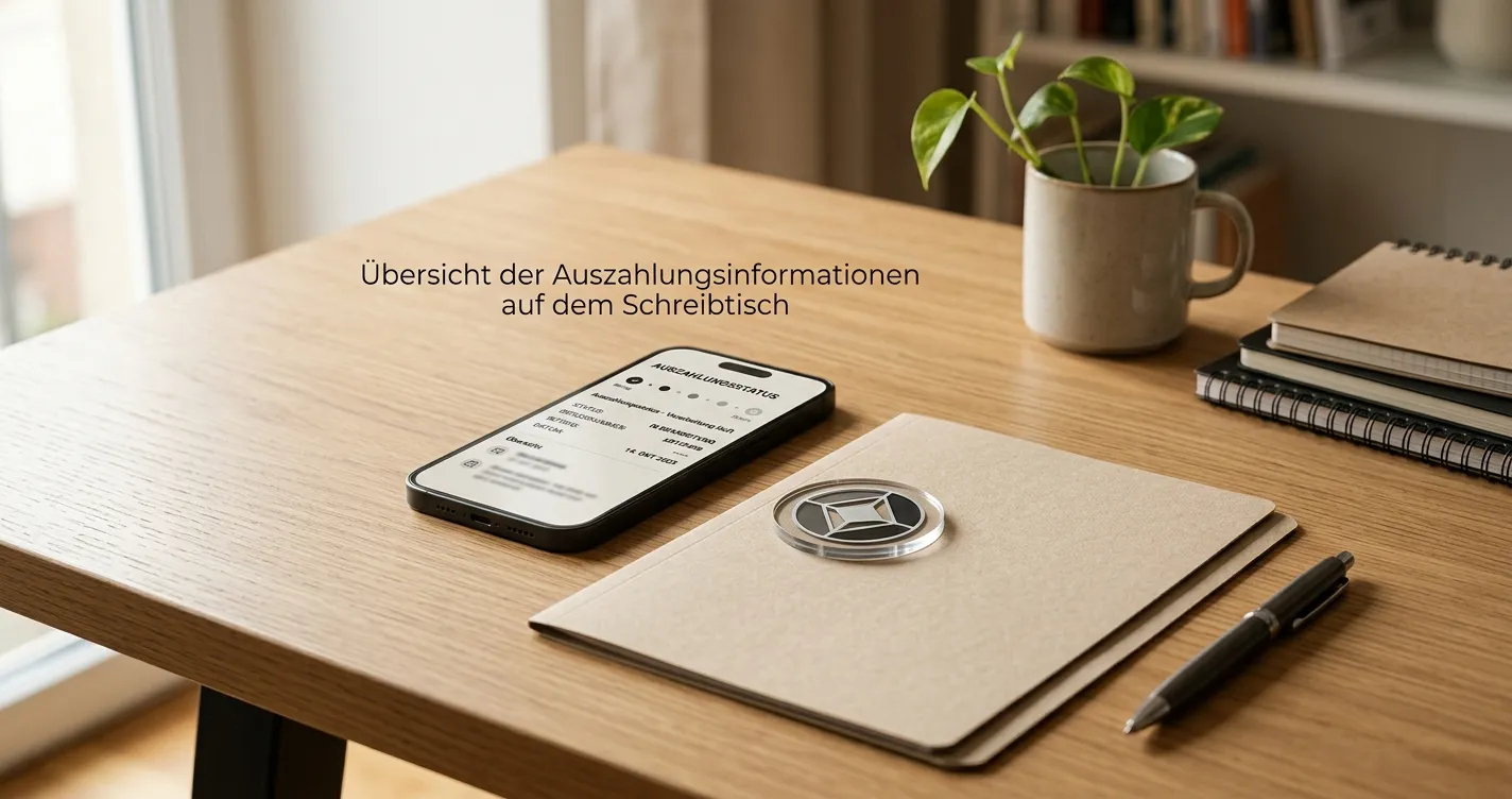 Geordnete Zahlungssymbole und neutrales Auszahlungsformular auf einem Schreibtisch