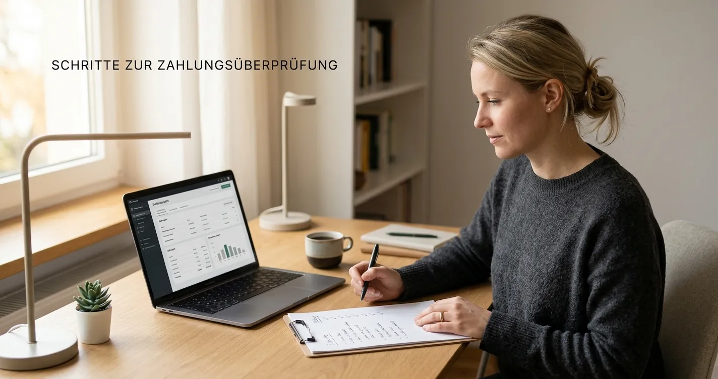 Ordentliche Checkliste neben einem neutralen Zahlungsfenster auf einem Laptop