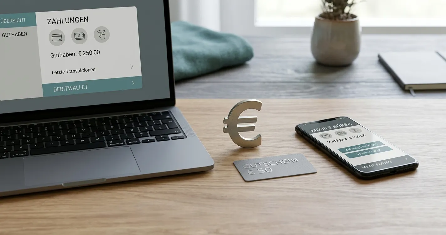 Neutrale Zahlungsübersicht mit Prepaid-Guthaben und digitalem Wallet ohne Markenlogos