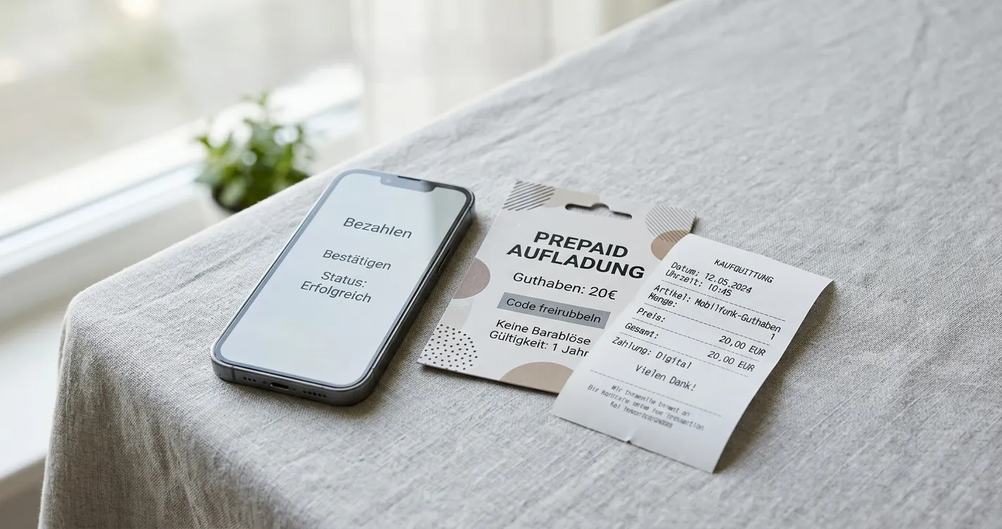 Smartphone neben einer Paysafecard und einem neutralen Zahlungsbeleg ohne Logos
