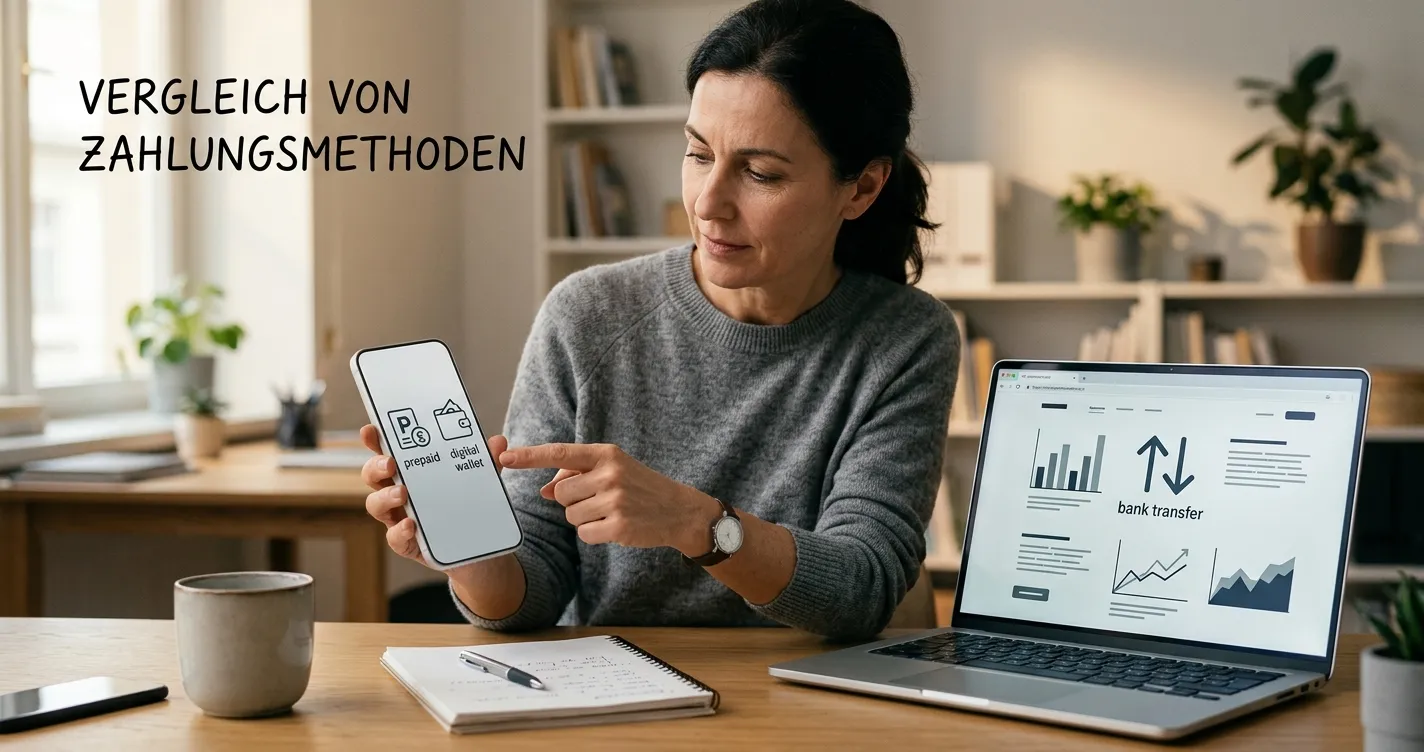 Smartphone und Laptop mit neutralen Symbolen für Prepaid, E-Geld und Banküberweisung