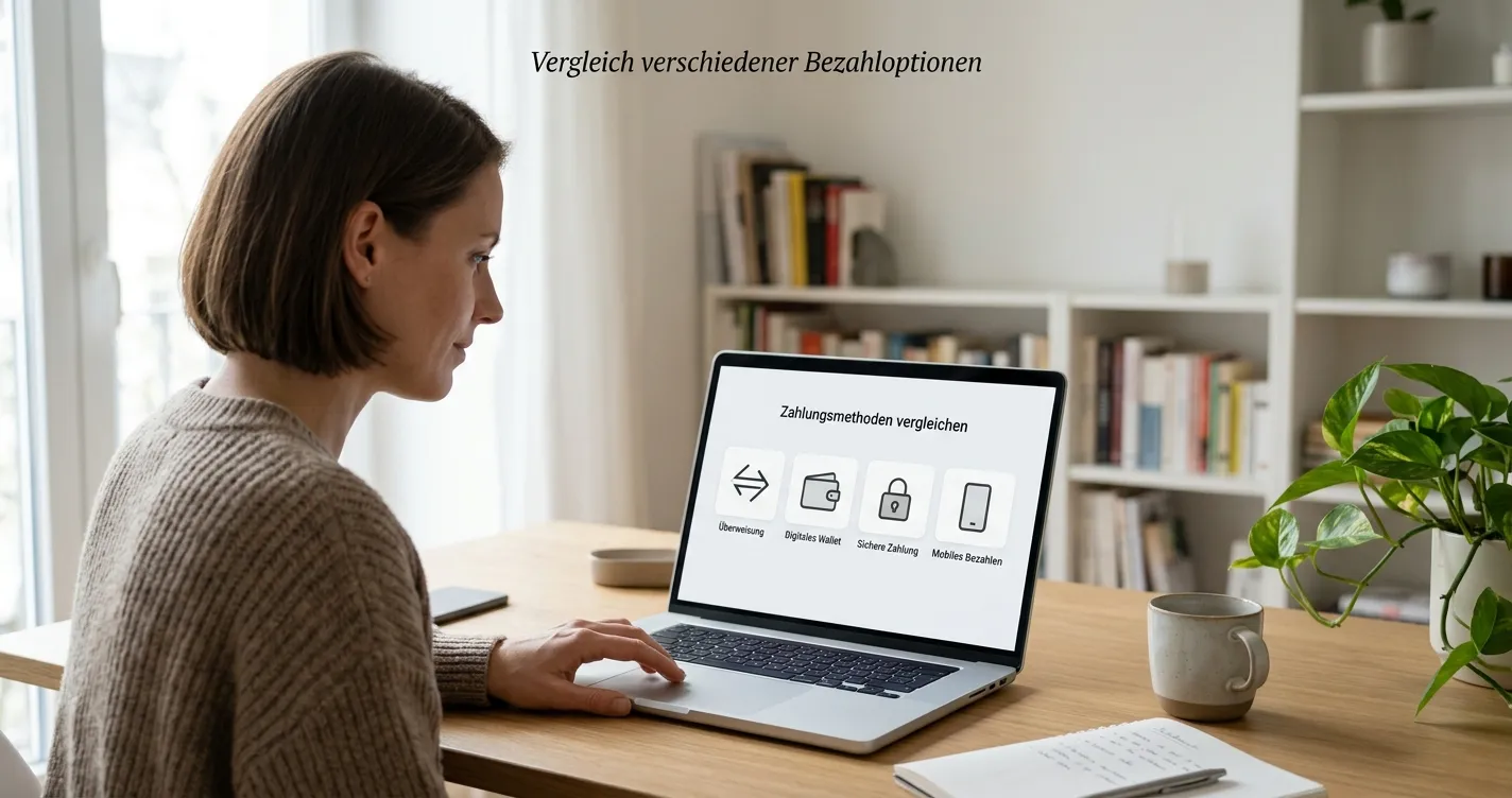 Person vergleicht mehrere neutrale E-Wallet-Optionen auf einem Laptop