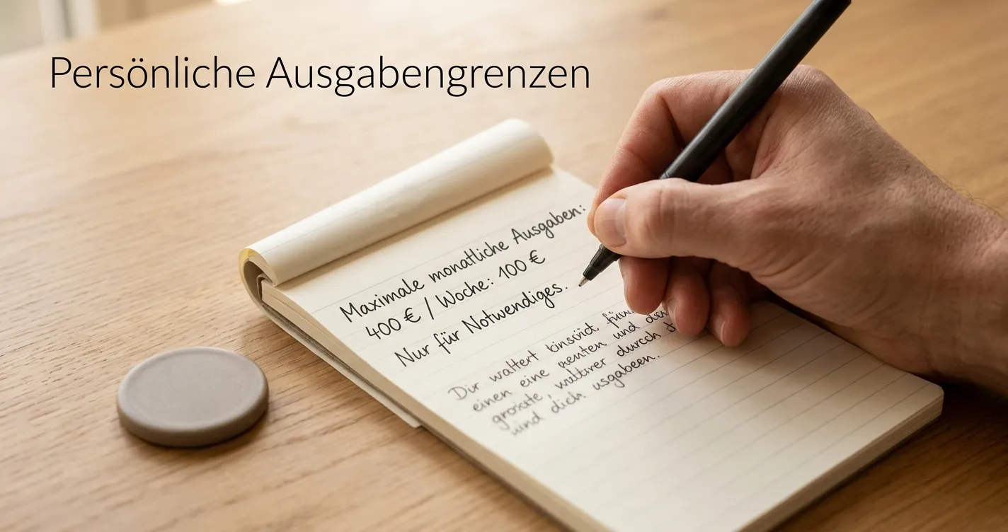 Person notiert ein persönliches Spielbudget auf einem schlichten Notizblatt