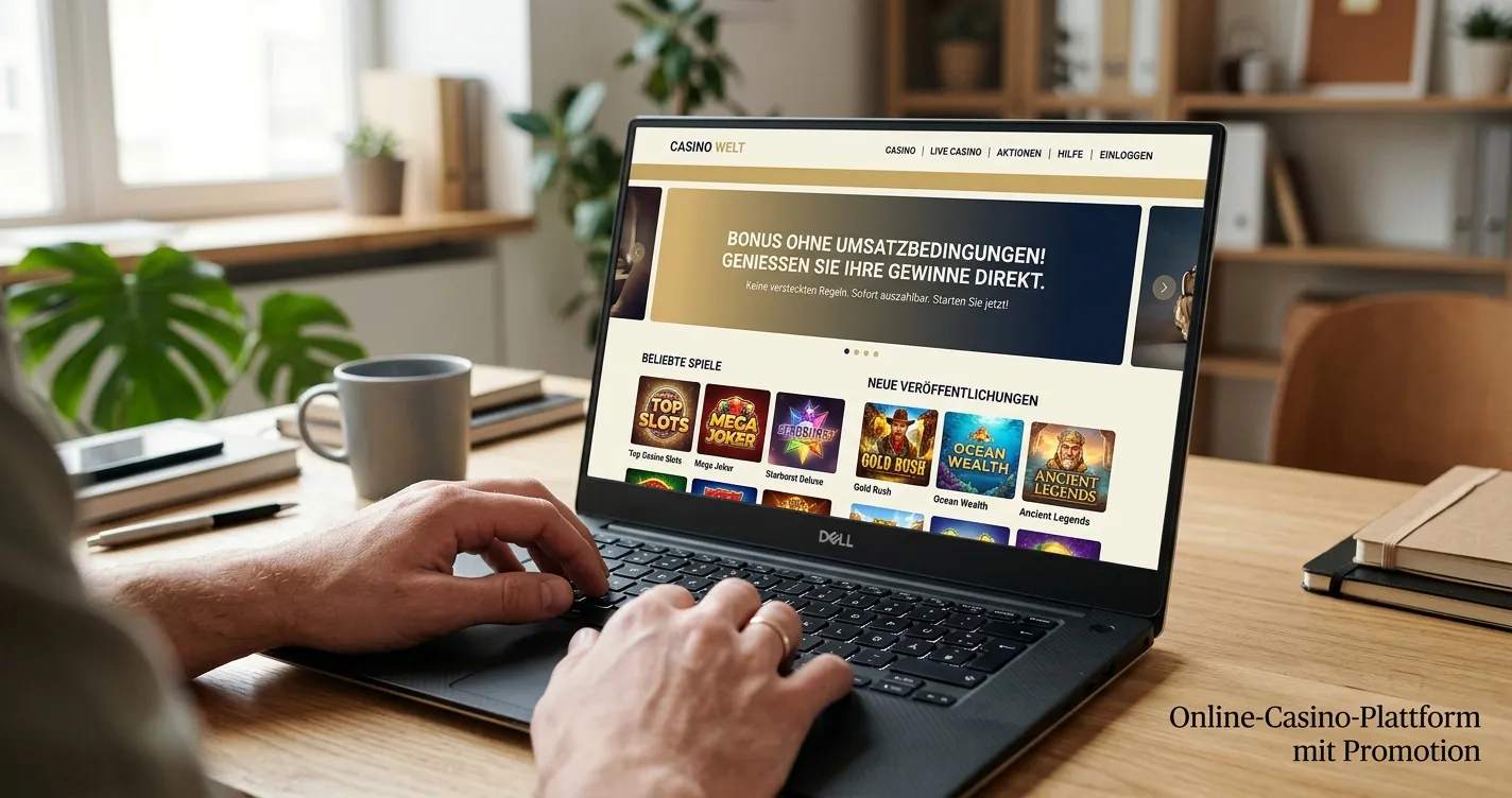 Laptop zeigt PlayOJO Casino Webseite mit Wager-Free-Angebot