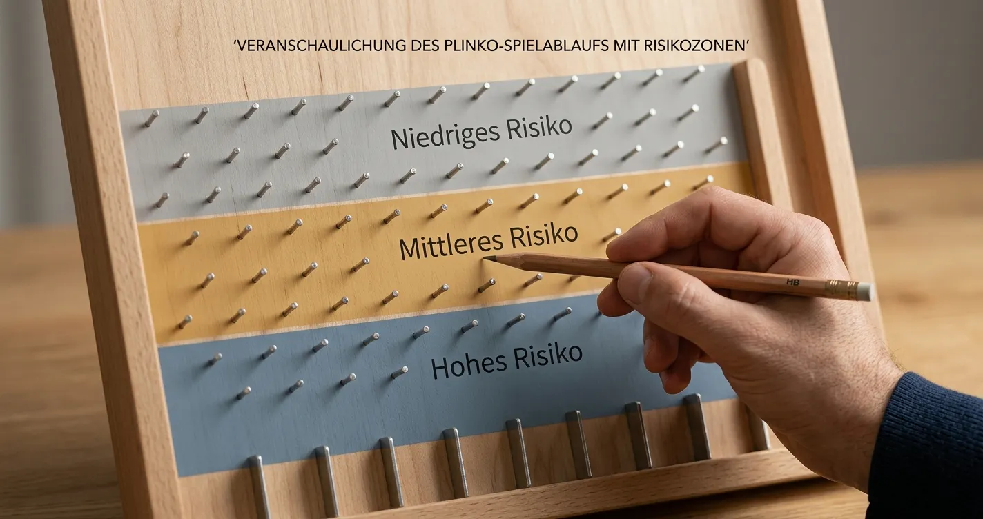 Neutrale Darstellung eines Plinko-Bretts mit markierten Risikostufen und Multiplikator-Taschen