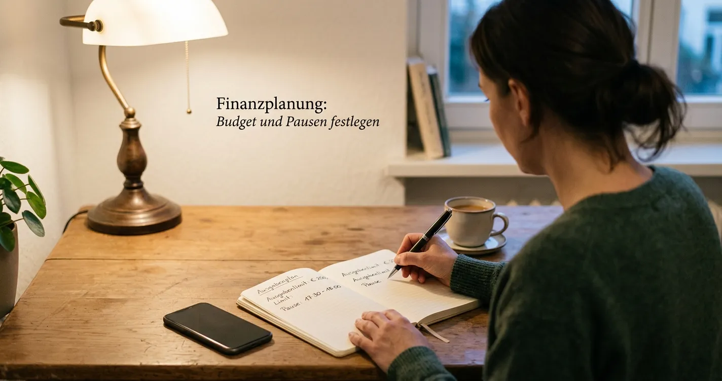Person setzt an einem neutralen Schreibtisch ein Spielbudget und eine Pausenzeit fest
