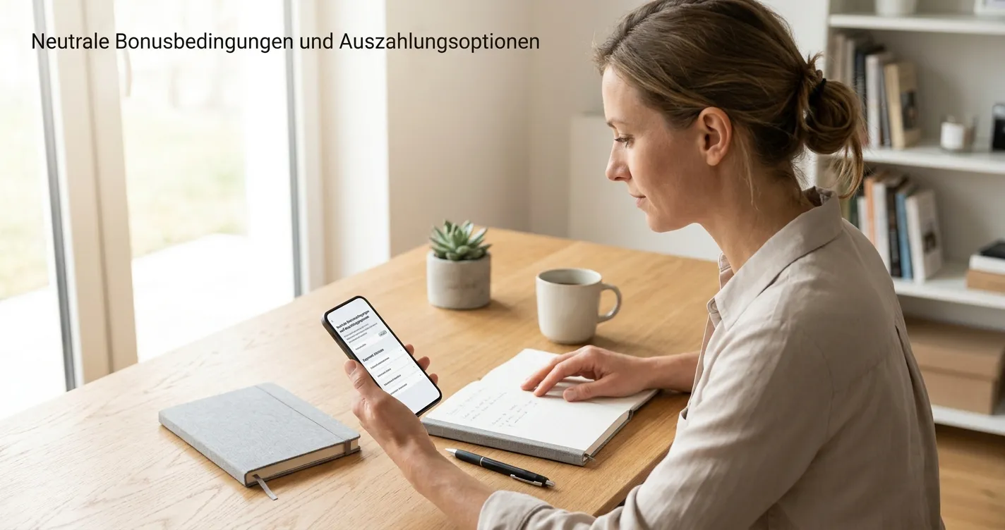 Person liest Bonusbedingungen und Zahlungsoptionen auf einem neutralen mobilen Bildschirm