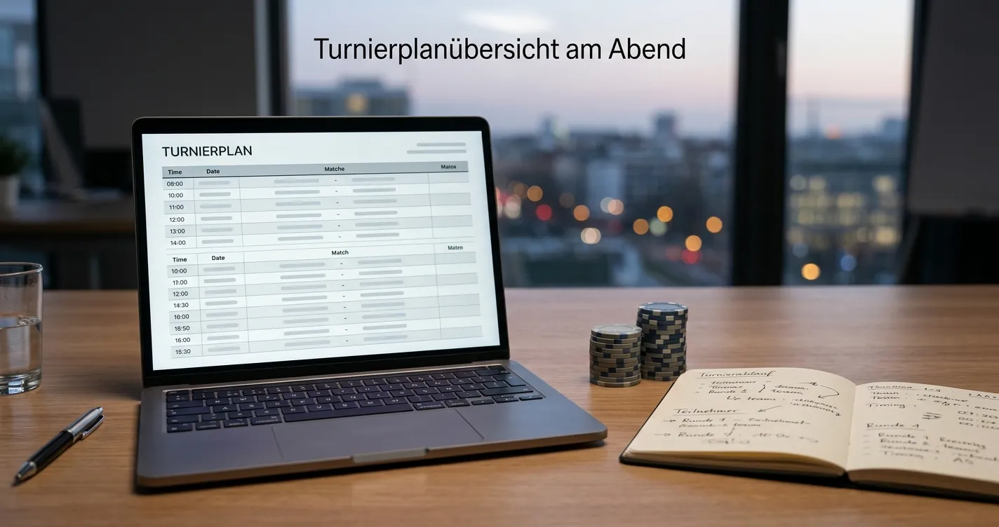Turnierplan auf einem Bildschirm mit neutralen Chips und Notizen zu Buy-in und Format