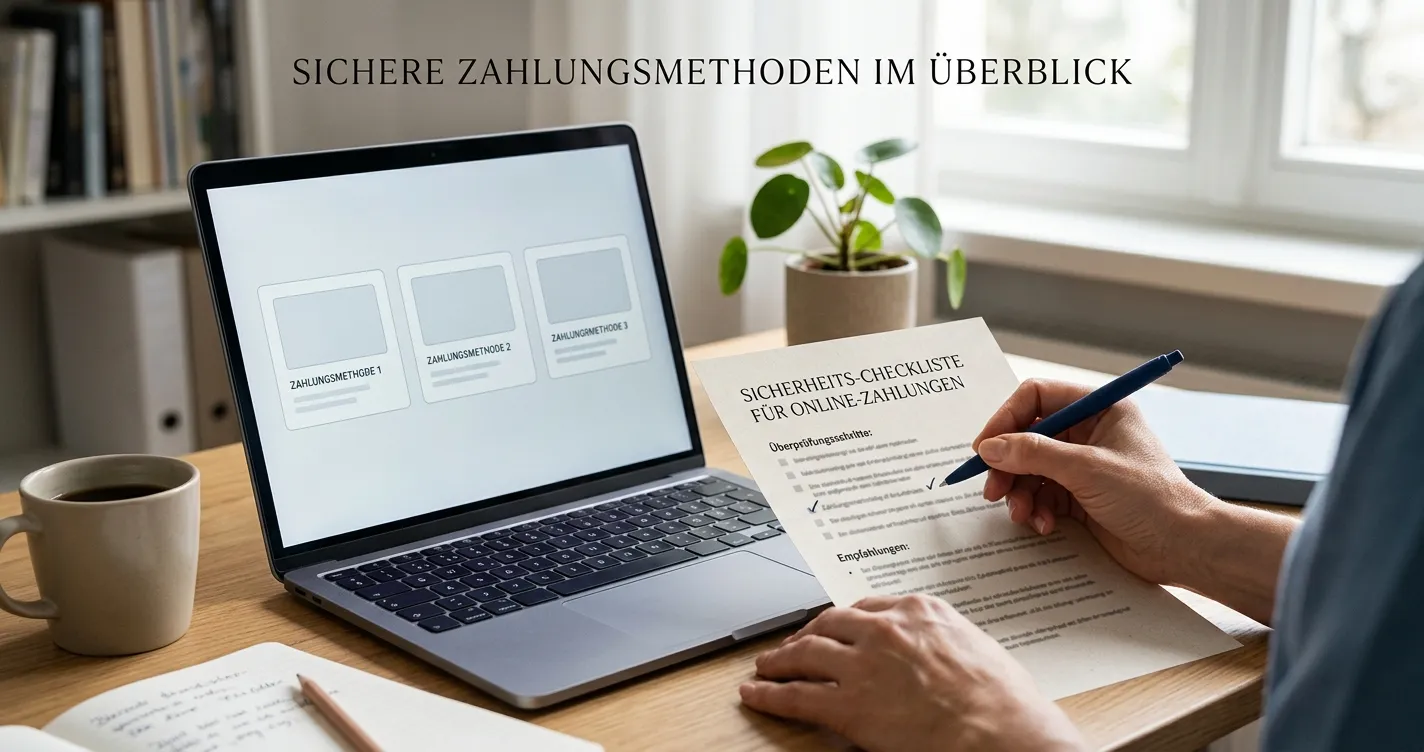 Aufgeräumter Schreibtisch mit alternativen Zahlungsmethoden und Sicherheitscheck