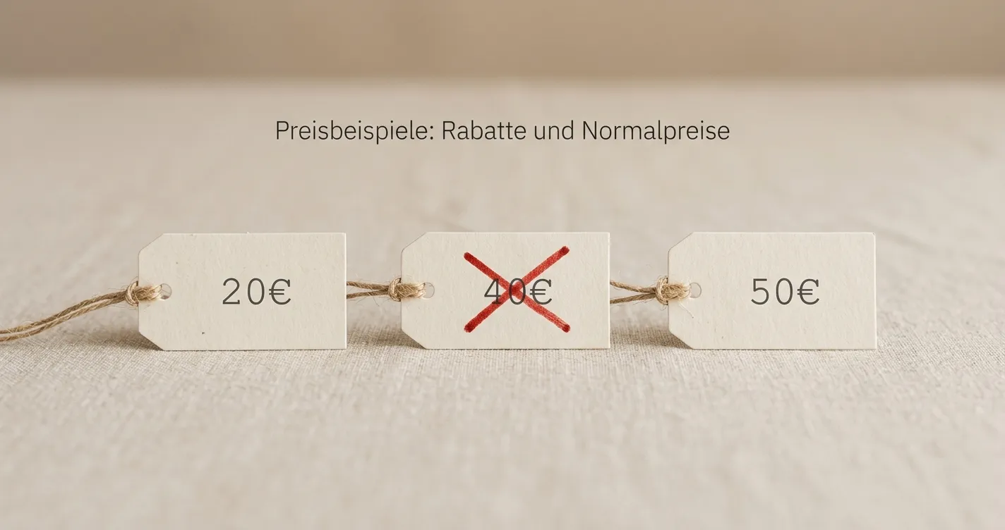 Preisschilder mit durchgestrichenen 40-Euro-Beträgen zwischen 20 und 50 Euro