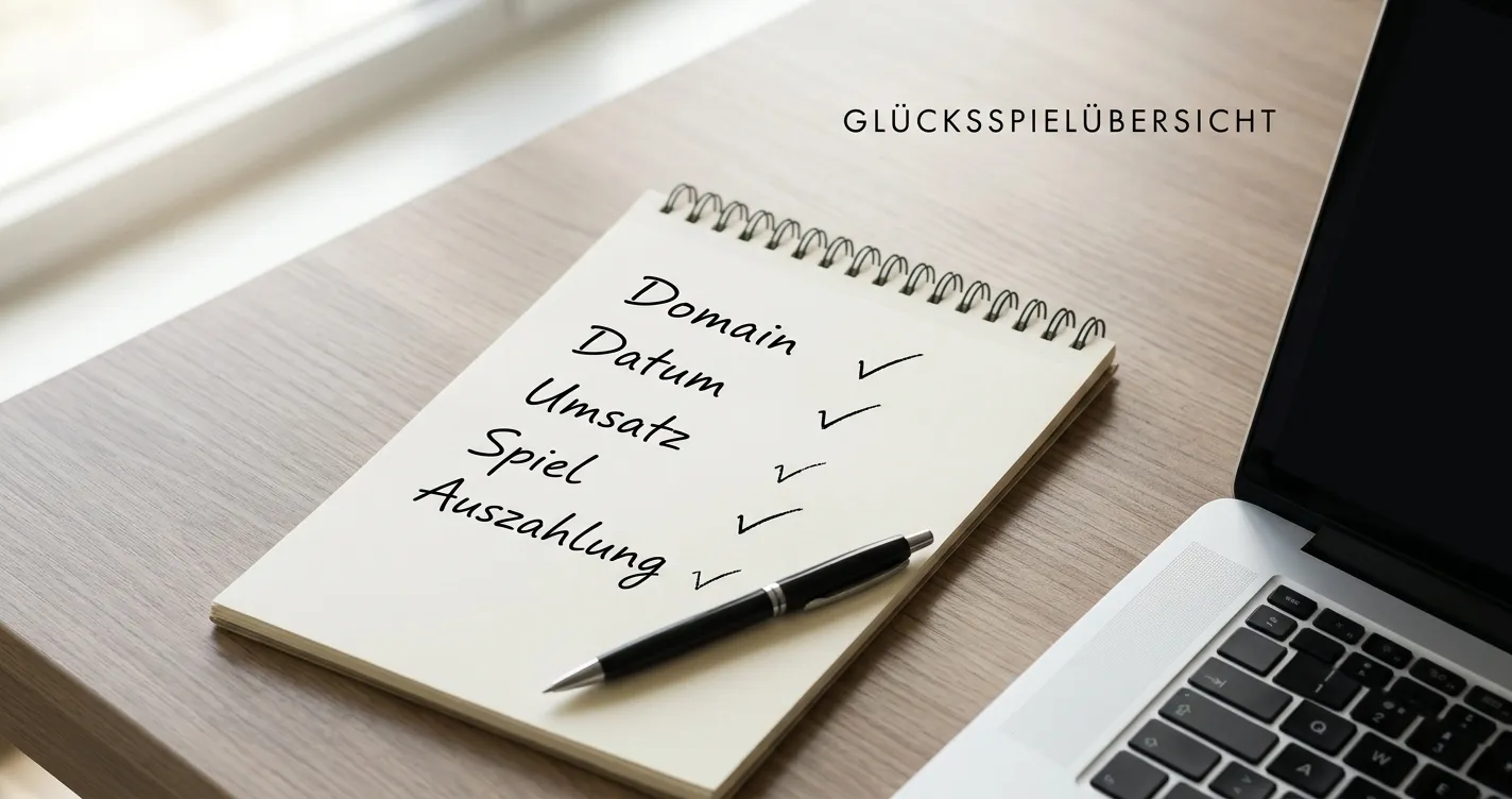 Handschriftliche Checkliste mit Domain, Frist, Umsatz und Auszahlungslimit auf einem neutralen Schreibtisch