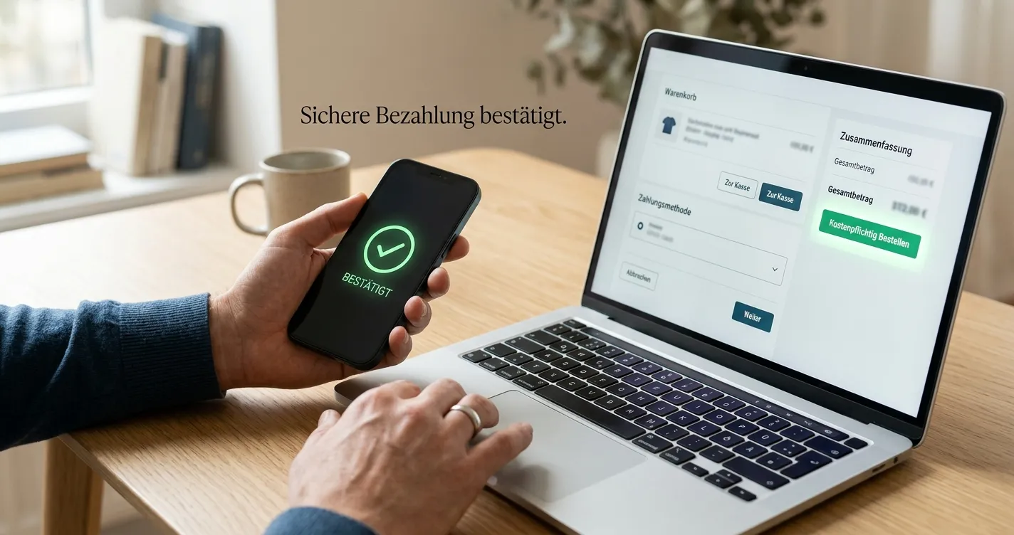 Smartphone mit neutraler Kartenbestätigung neben einem Laptop-Kassenbereich