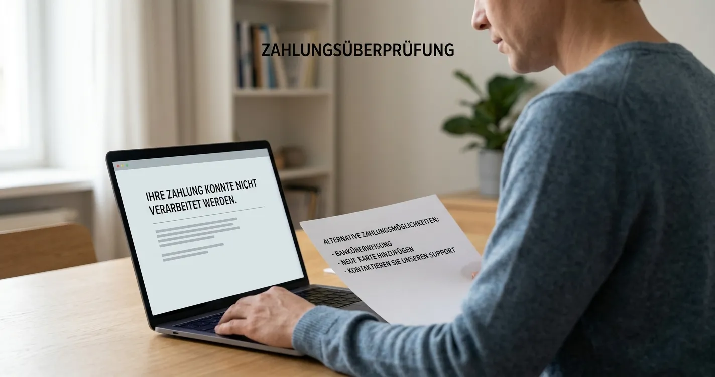 Person ordnet eine abgelehnte Kartenzahlung und sichere Alternativen am Schreibtisch