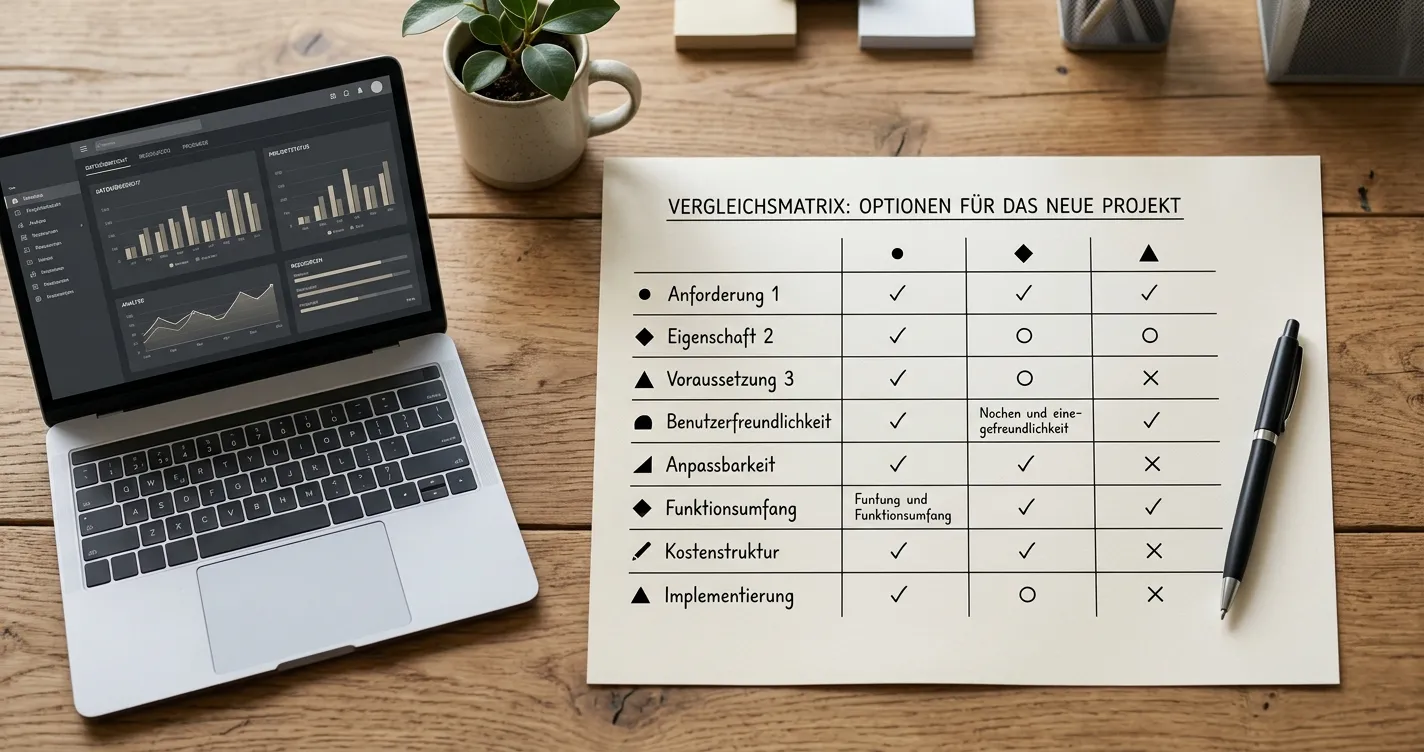 Handschriftliche Vergleichsmatrix mit RTP, Volatilität und Domainprüfung