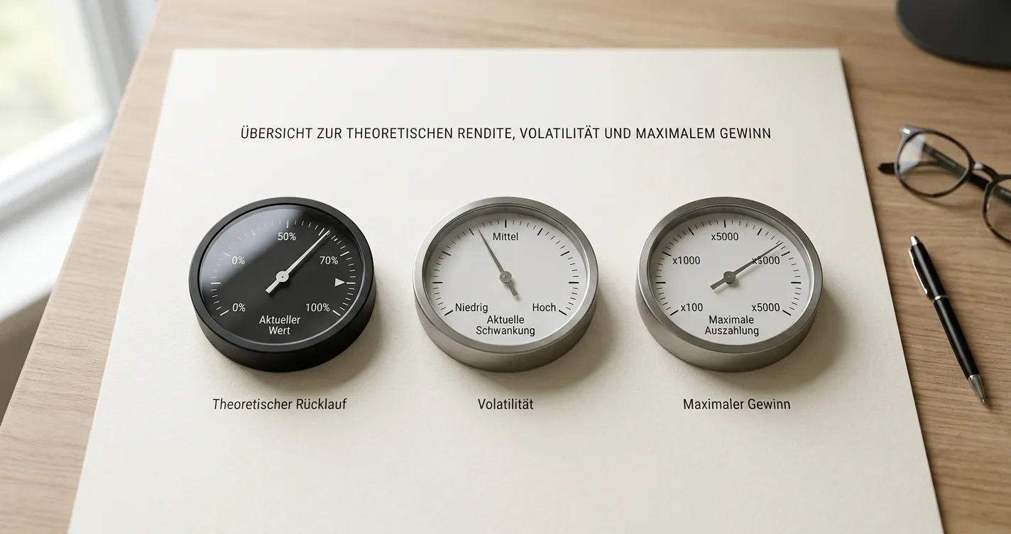Ruhige Infografik mit drei abstrakten Skalen für RTP, Schwankung und maximale Auszahlung