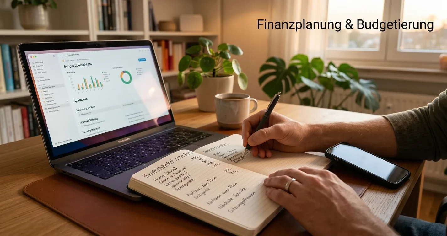 Ruhiger Arbeitsplatz mit persönlichem Budgetplan und ausgeschaltetem Smartphone