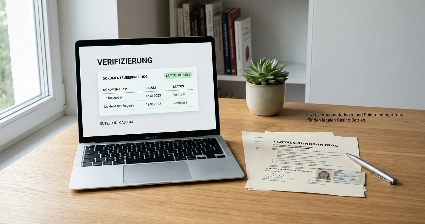 Schreibtisch mit neutralen Lizenzunterlagen und Laptop für die Casino-Prüfung