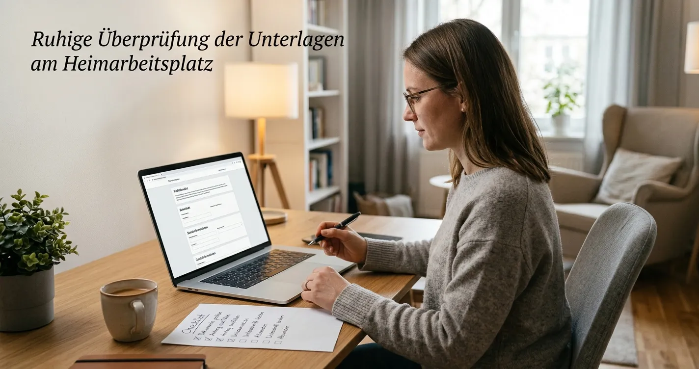Person prüft Anbieterangaben und Spielbudget an einem ruhigen Schreibtisch
