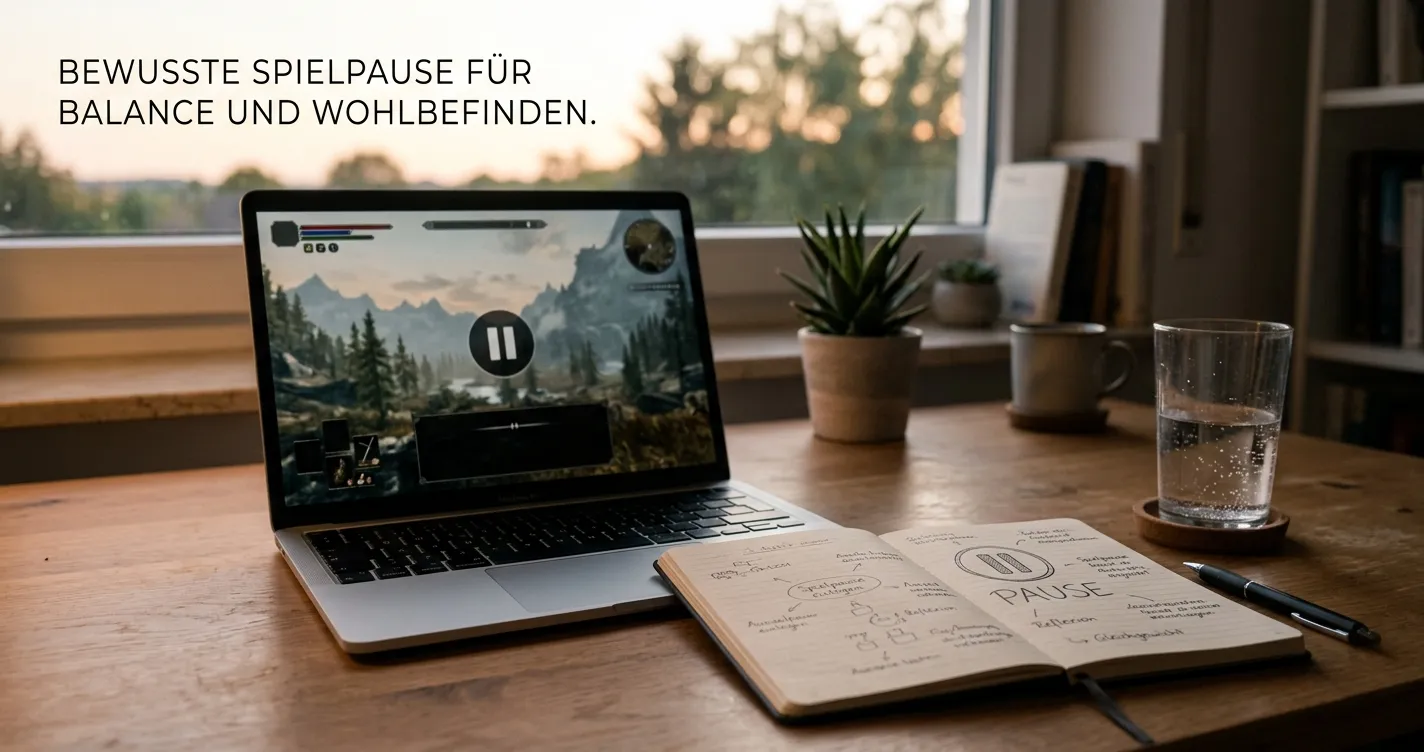 Ruhiger Arbeitsplatz mit Notiz zu Spielpause und Datenschutz
