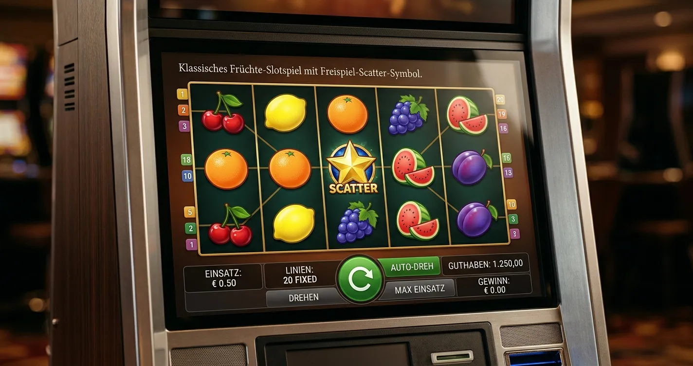 Nahaufnahme einer neutralen Gewinnmatrix mit Fruchtsymbolen auf einem Monitor