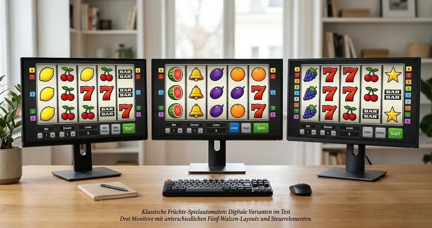 Drei neutrale Walzenansichten mit unterschiedlichen Spielvarianten auf einem Monitor