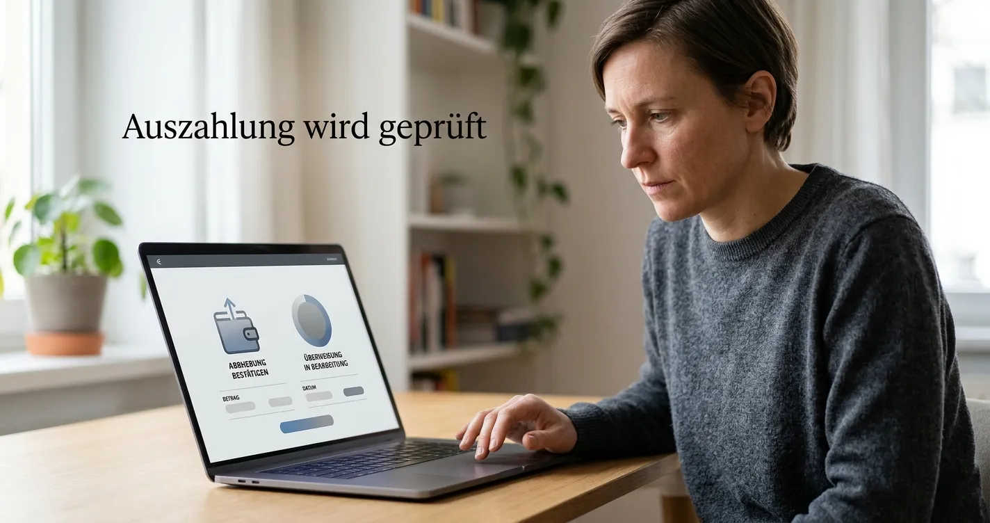 Prüfung eines Auszahlungsvorgangs auf einem Laptop mit neutraler Wallet-Oberfläche