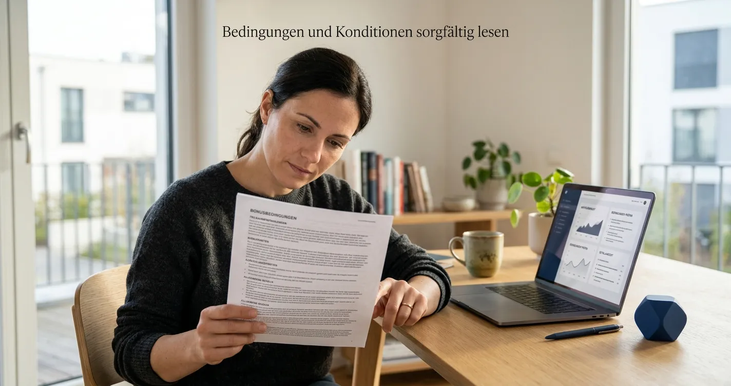 Neutrale Bonusbedingungen und kleiner Einzahlungshinweis auf einem Schreibtisch ohne Markenlogo