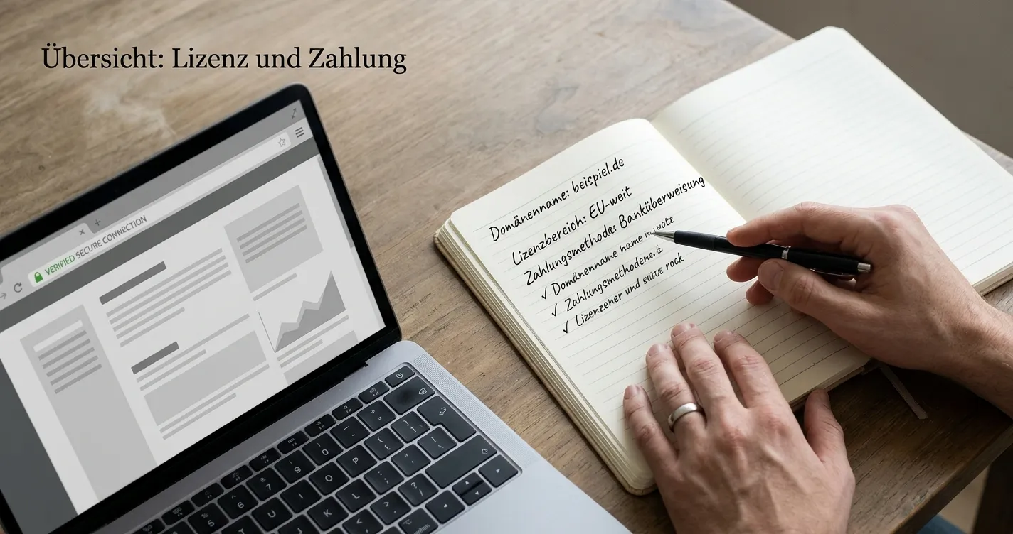 Prüfliste für Casino-Domain, Erlaubnisgebiet und Zahlungsmethode auf einem neutralen Schreibtisch