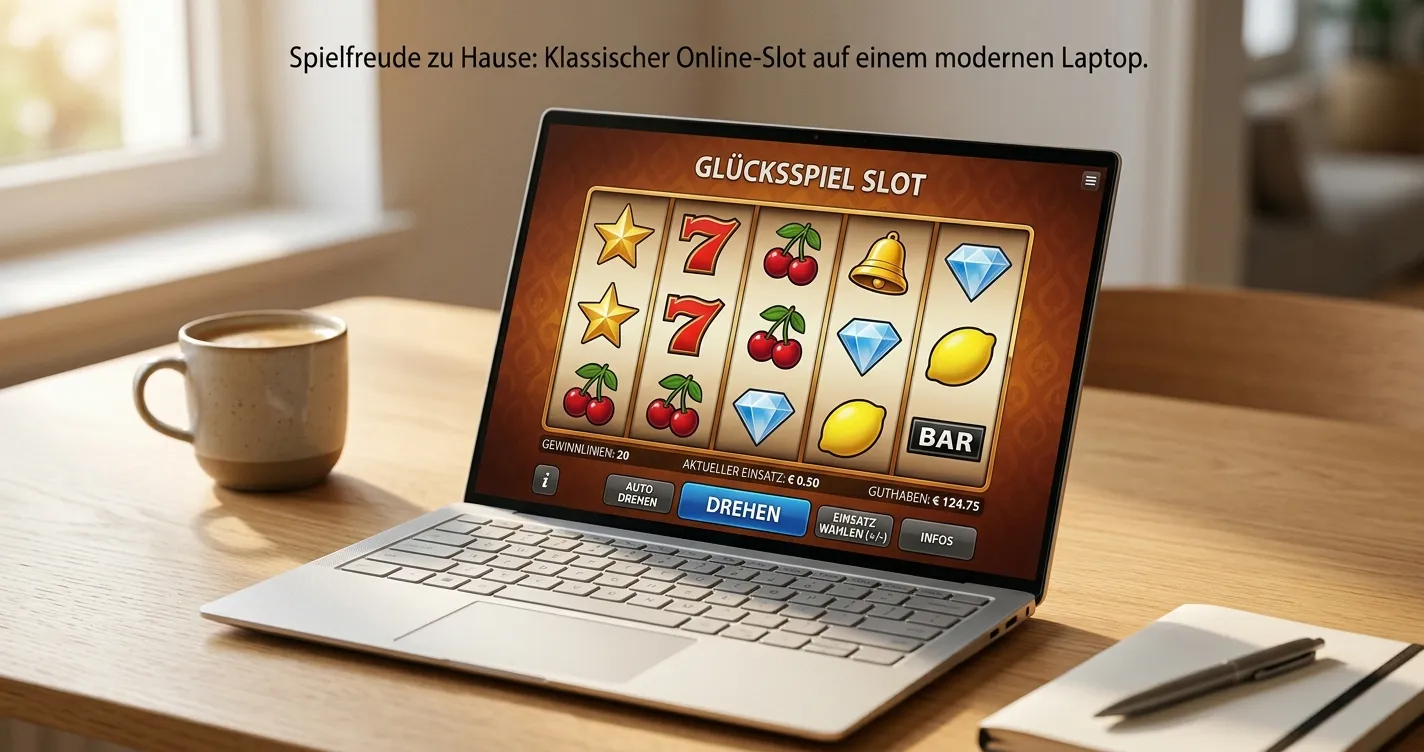Laptop-Bildschirm mit neutralem Slot-Interface mit fünf Walzen und generischen Symbolen