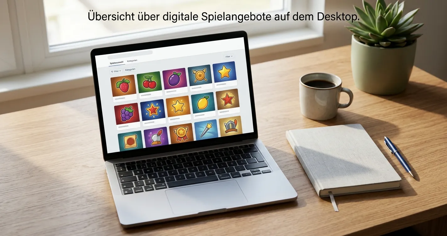 Neutraler Katalog von Online-Spielautomaten auf einem Laptop