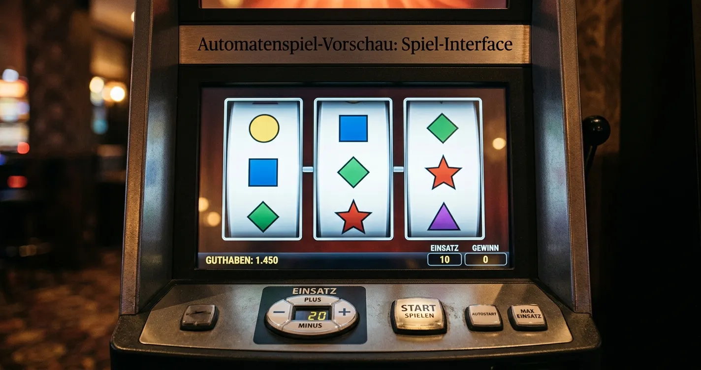 Spielautomat mit neutralen Symbolen und hervorgehobener Einsatzanzeige ohne Markenlogo