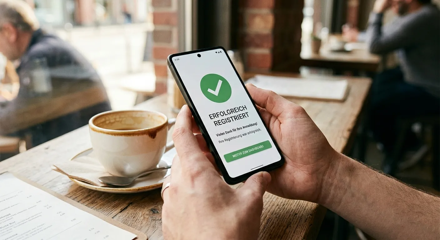 Smartphone mit Registrierungsbestätigung in den Händen