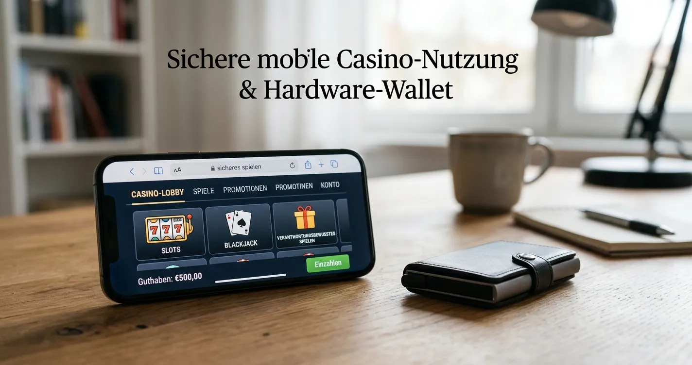 Smartphone mit neutralem Krypto-Casino-Browser und sicherer Wallet-Prüfung