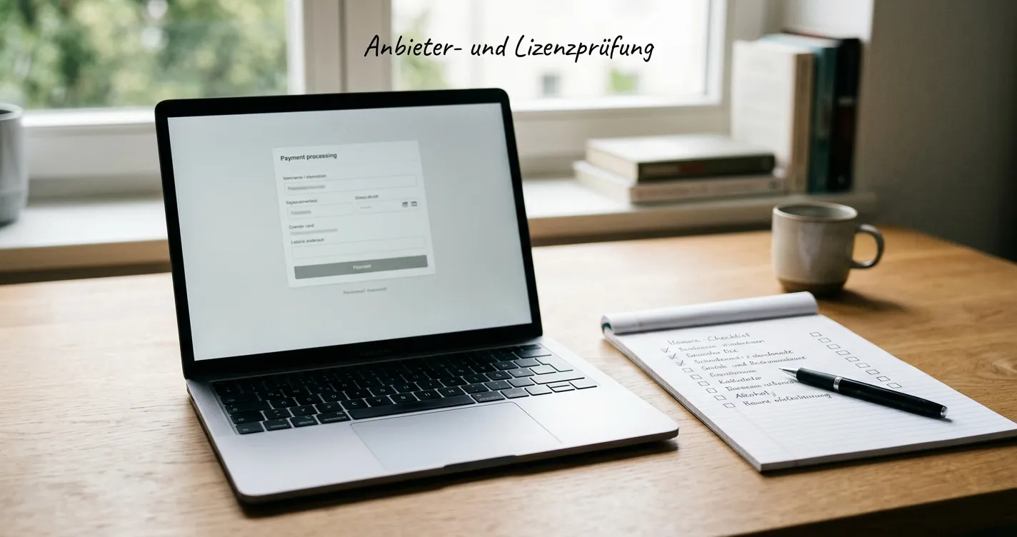 Checkliste für Betreiber, Lizenz, SOL-Kasse und Auszahlung auf einem neutralen Schreibtisch