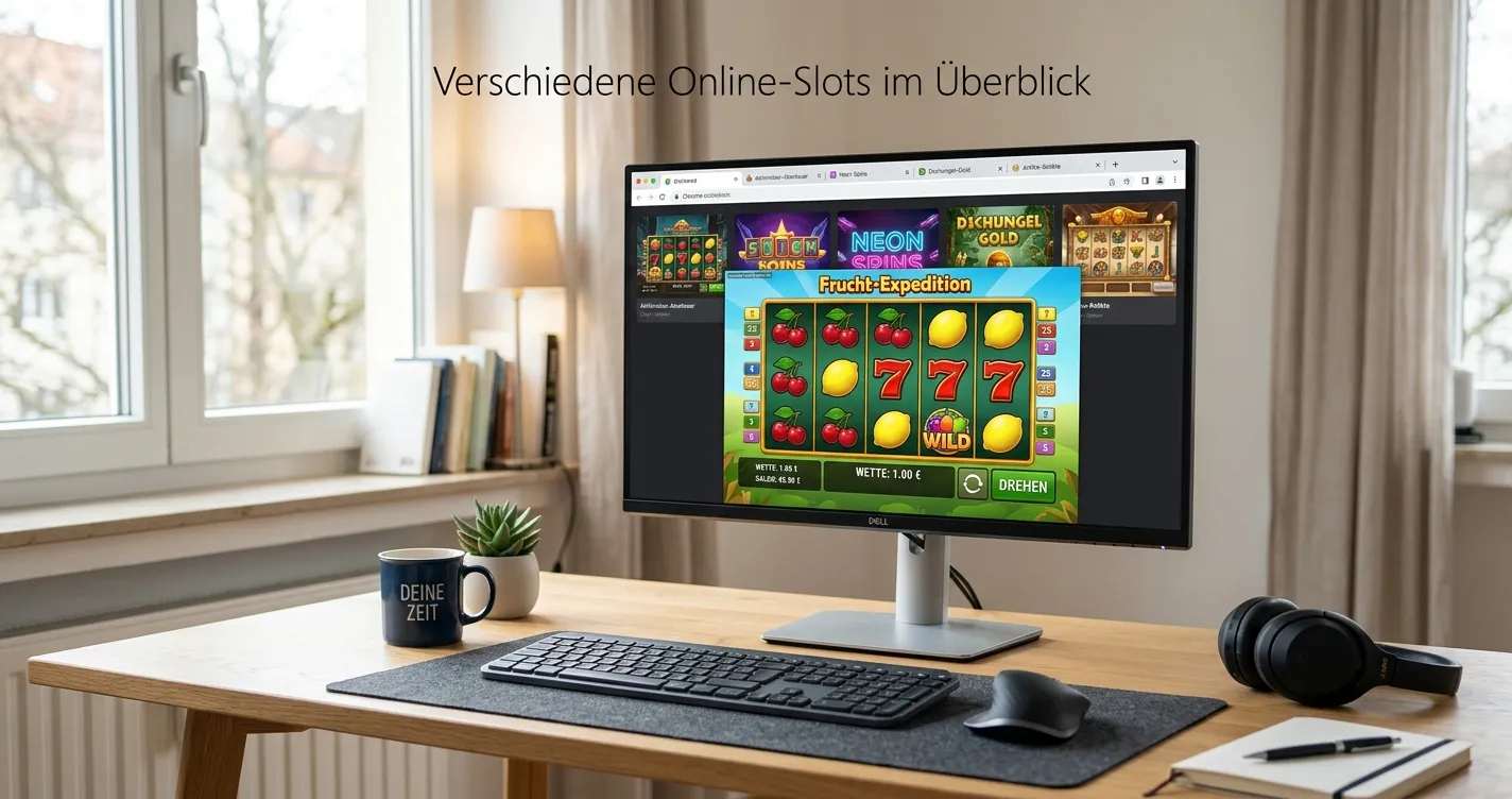 Desktop mit mehreren Slot-Spielen von NetEnt und Pragmatic Play im Browser