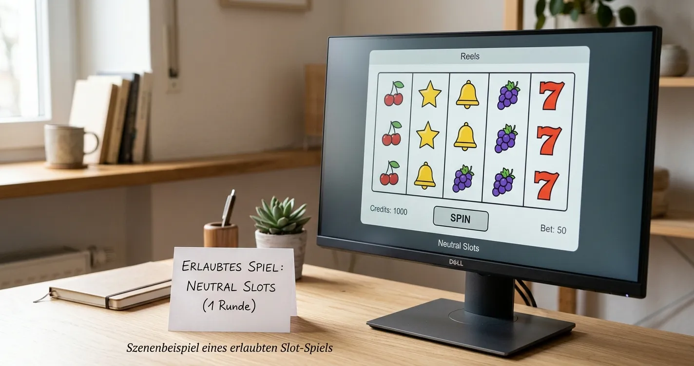 Neutrale Walzen eines Spielautomaten neben einem Dokument zur Spielbindung