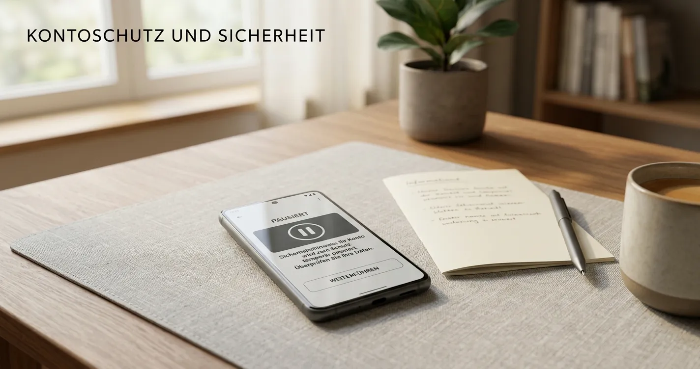 Ruhiger Arbeitsplatz mit Spielerschutz-Hinweisen und neutralem Smartphone