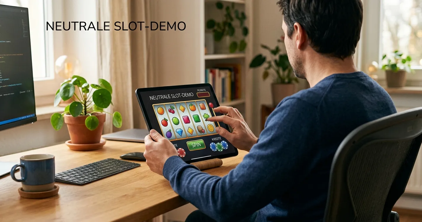 Spielgeld-Demo eines neutralen Online-Spielautomaten auf einem Tablet