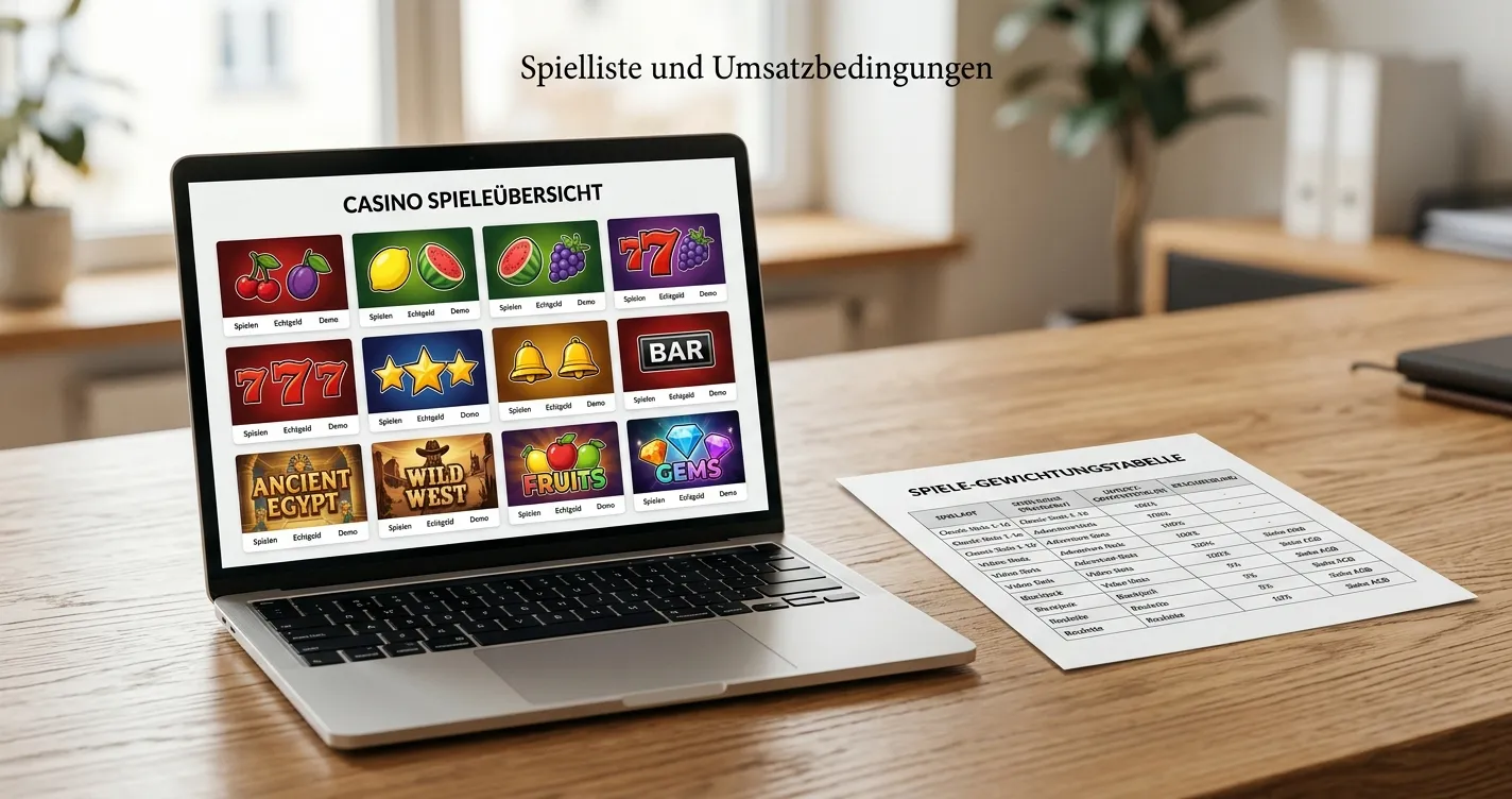 Verschiedene Spielautomaten auf Laptop-Bildschirm mit sichtbarer Spielgewichtungs-Tabelle daneben