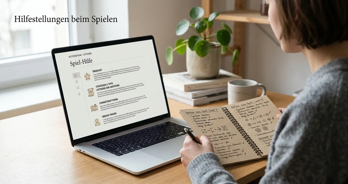 Person liest eine klare Spielhilfe auf einem Laptop an einem ruhigen Schreibtisch