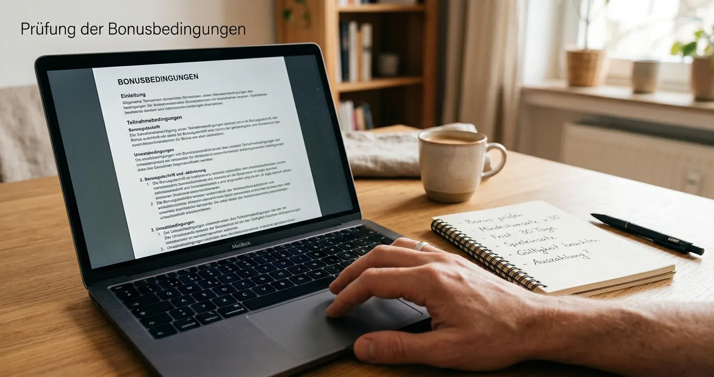 Person liest Bonusbedingungen und Umsatzregeln auf einem neutralen Bildschirm