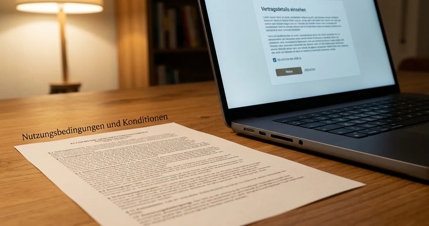 Neutrales Bonusdokument mit kleinen Buchstaben neben einem Laptop ohne Markenkennzeichen
