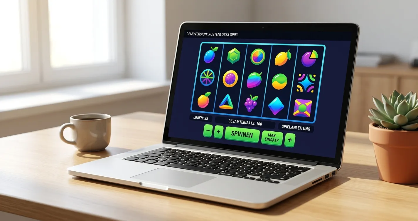 Laptop mit neutraler Spielautomat-Demo und ausgeschaltetem Echtgeldkonto