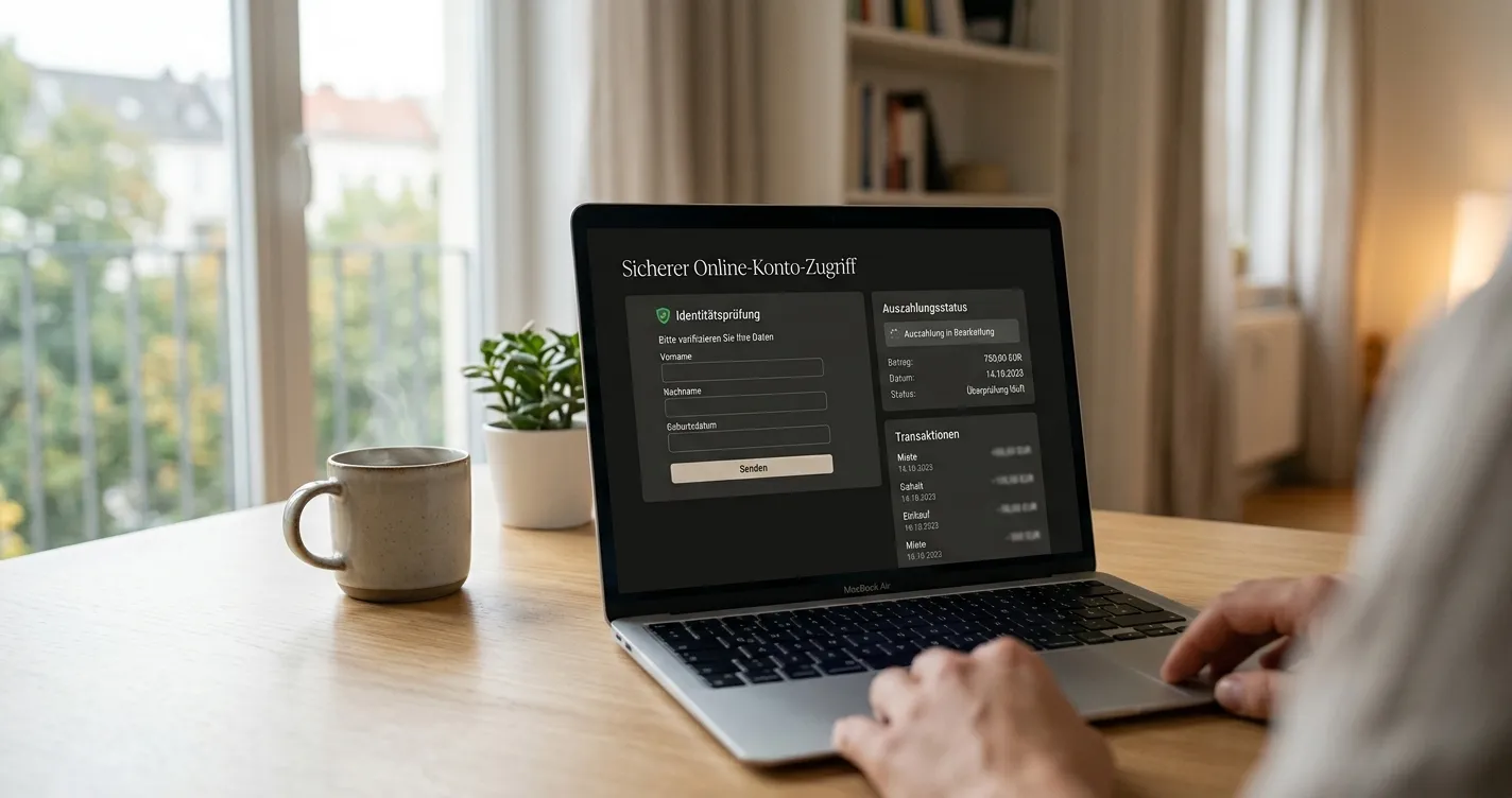 Sicherer Laptop-Zugang mit neutralem Identitätsprüfungsdokument und Auszahlungsübersicht
