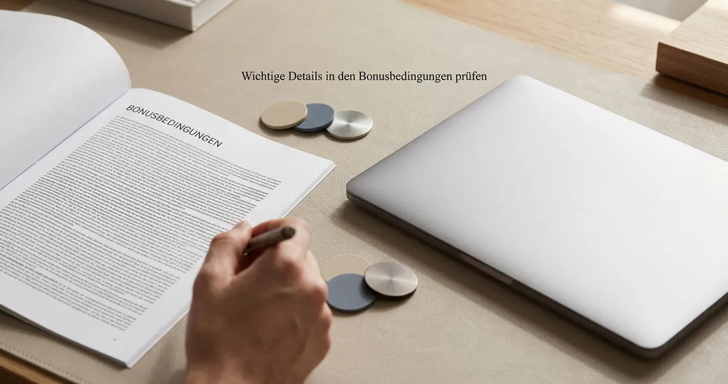 Neutrale Bonusbedingungen mit Umsatzregeln neben einem Laptop