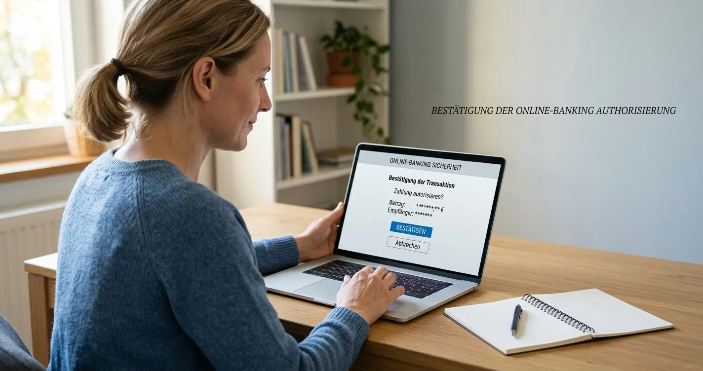 Neutrale Darstellung einer sicheren Bankfreigabe am Laptop