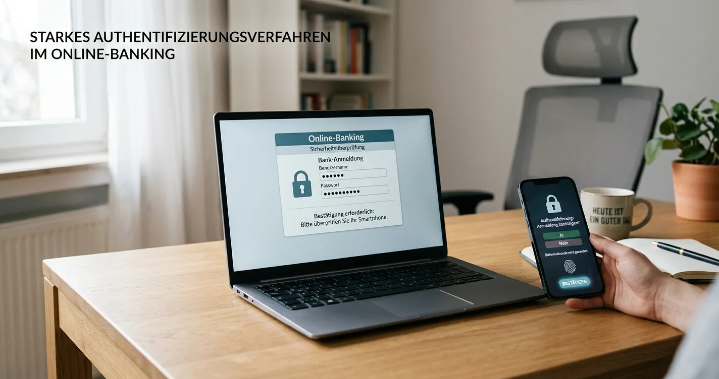 Bank-Login und neutrale Zahlungsbestätigung auf einem Laptop ohne erkennbare Logos