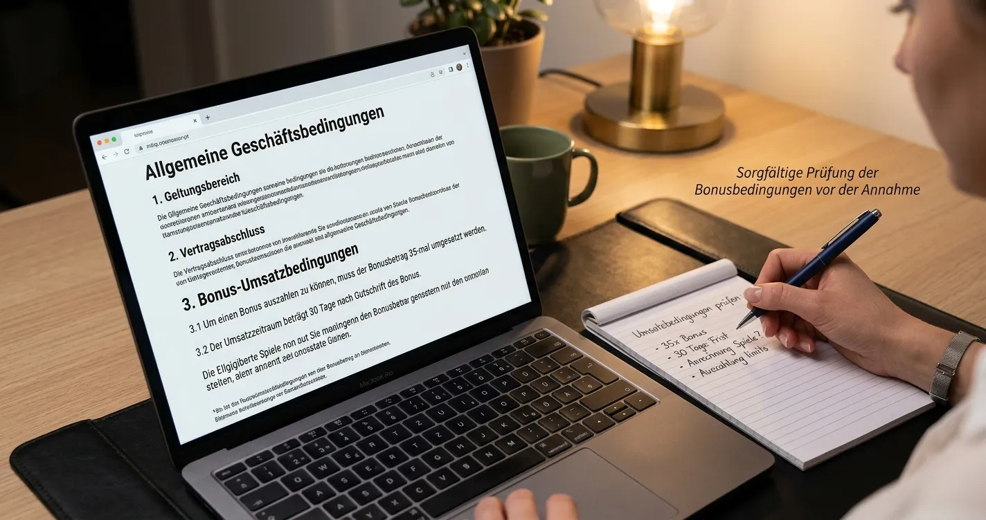 Nahaufnahme eines Laptop-Bildschirms mit Bonusbedingungen-Seite und Notizen