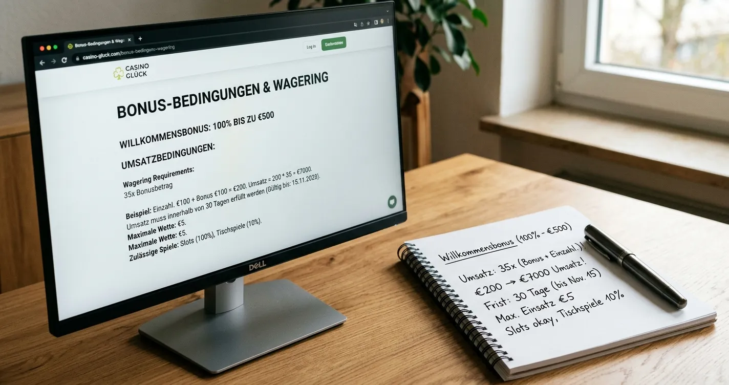 Detailaufnahme von Bonusbedingungen auf Bildschirm mit Taschenrechner und Notizen